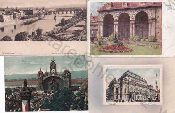 - 4x pohlednice: Praha - Prague - Prag 1, pohled na řeku, Valdštejnský palác, Průmyslový palác, Národní divadlo