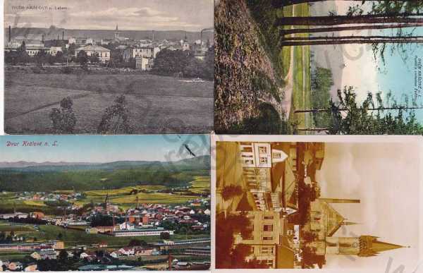  - 4x pohlednice: Dvůr Králové nad Labem (Trutnov - Trautenau), Grafo Čuda Holice, les, celkový pohled, kostel