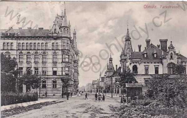  - Olomouc, Olmütz, Parkstrasse, domy, ulice, obchody, postavy