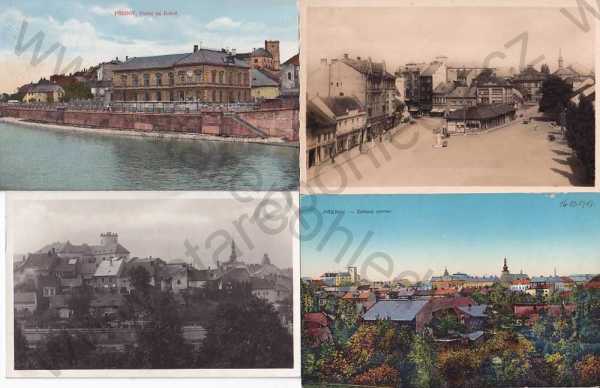  - 4x pohlednice: Přerov - Prerau, náměstí, nábřeží, celkový pohled