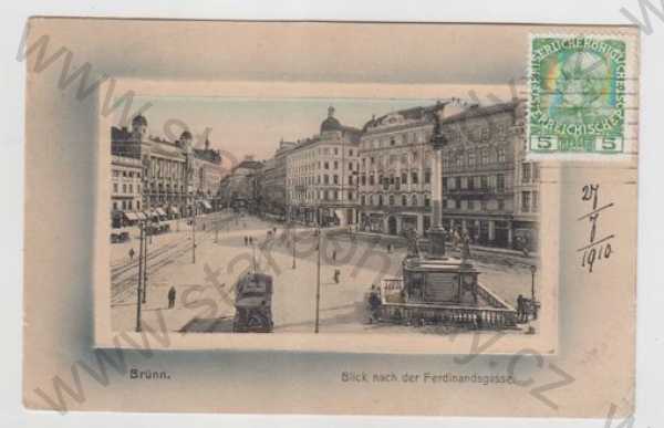  - Brno (Brünn), pohled ulicí, tramvaj, socha, sloup, plastická karta