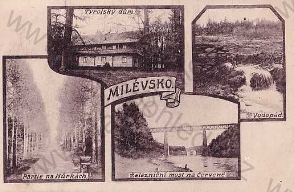  - Milevsko (Písek), více záběrů: Tyrolský dům, vodopád, most na Červené, Hůrky