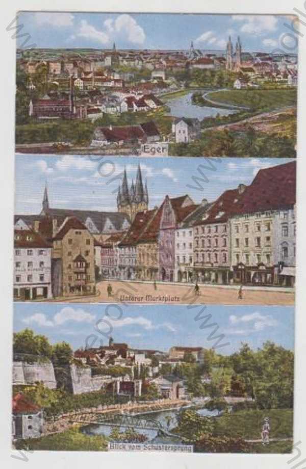  - Cheb (Eger), více záběrů, celkový pohled, náměstí, částečný záběr města, kolorovaná