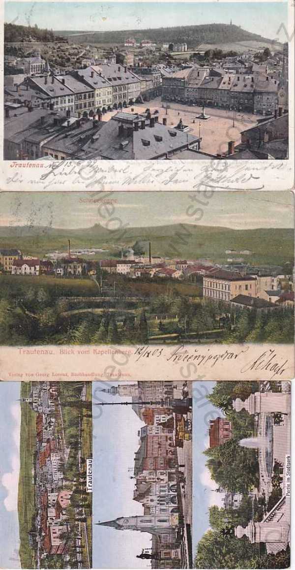  - Trutnov, Trautenau, 3 ks, kolorovaná, náměstí, Sněžka, park, DA