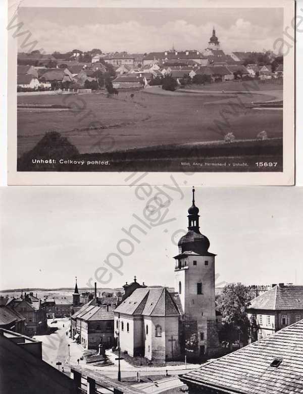  - 2x pohlednice: Unhošť (Kladno), celkový pohled, kostel