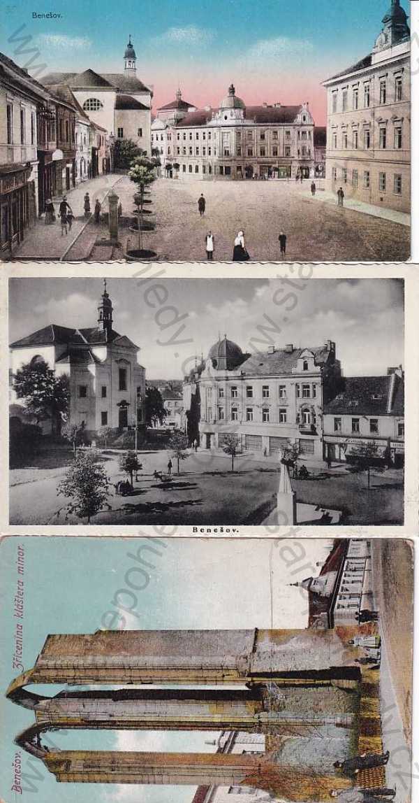  - 3x pohlednice: Benešov, kostel, náměstí, zřícenina, klášter