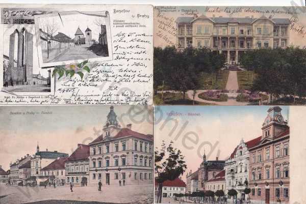  - 4x pohlednice: Benešov, sanatorium, náměstí, škola, zřícenina kláštera