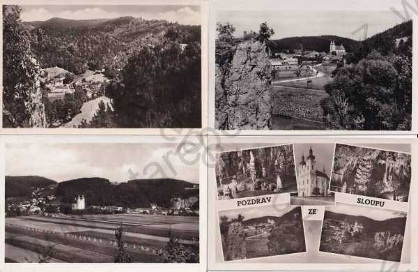  - 4x pohlednice: Sloup na Moravě (Blansko), celkový pohled, kostel, jeskyně, Fototypia-Vyškov