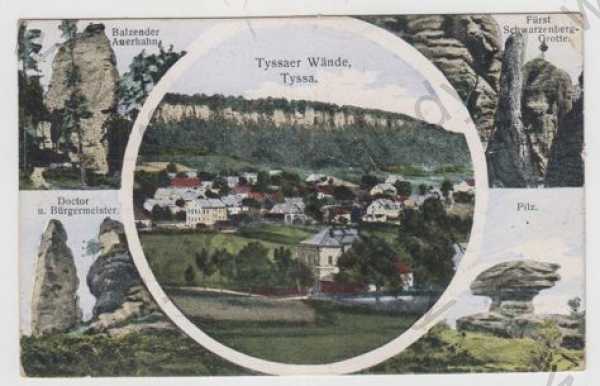  - Tisá, Tiské stěny (Tyssa, Tyssaer Wände) - Ústí nad Labem, více záběrů, celkový pohled, skála, kolorovaná