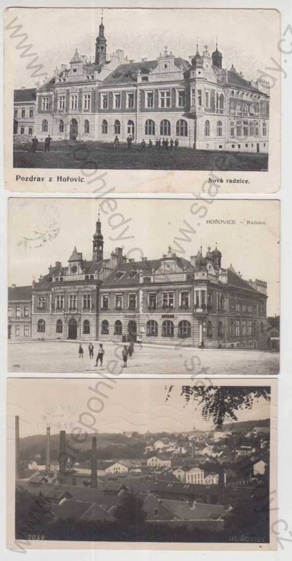  - 3x Hořovice (Beroun) radnice, částečný záběr města, komíny, radnice