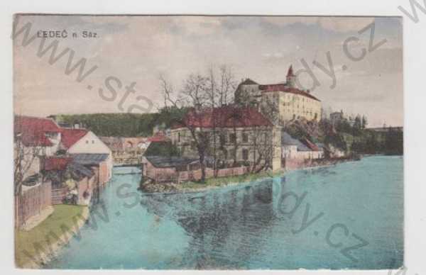  - Ledeč nad Sázavou (Havlíčkův Brod), řeka, zámek, částečný záběr města, kolorovaná
