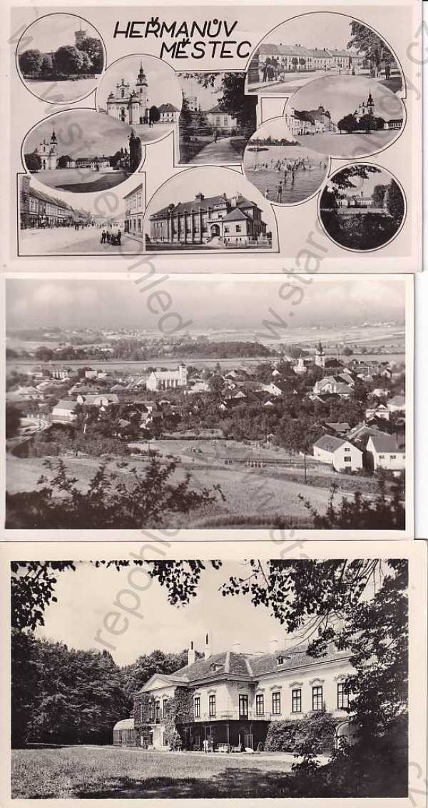  - 3x pohlednice: Heřmanův Městec, celkový pohled, zámek, kostel, náměstí