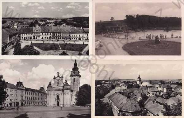  - 4x pohlednice: Heřmanův Městec, celkový pohled, kostel, náměstí, koupaliště
