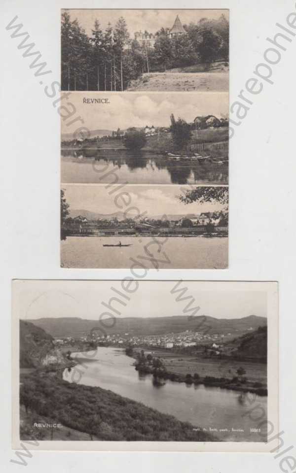  - 2x Řevnice (Praha - západ), více záběrů, zámek, řeka, loď, částečný záběr města, celkový pohled