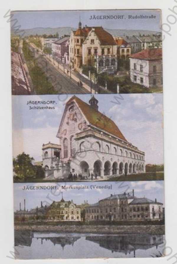  - Krnov (Jägerndorf) - Bruntál, více pohledů, pohled ulicí, Střelecký dům, řeka, kolorovaná