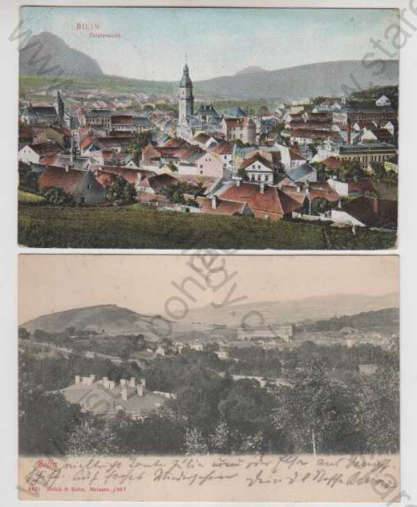  - 2x Bílina (Bilin) - Teplice, celkový pohled, kolorovaná