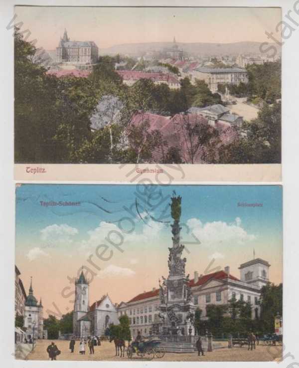  - 2x Teplice (Teplitz), gymnázium, náměstí, kůň, kočár, částečný záběr města, kolorovaná