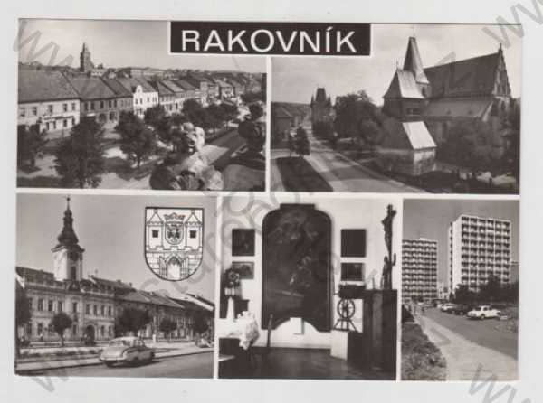  - Rakovník, více záběrů, náměstí, pohled ulicí, automobil, erb, sídliště, kostel, zvonice, radnice, muzeum, interiér