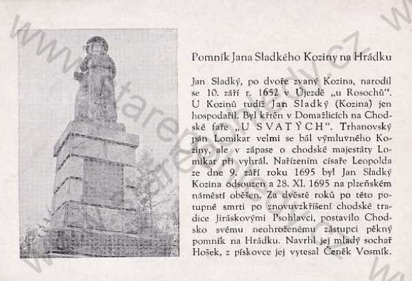  - Domažlice, pomník J. Koziny Sladkého na Hrádku, historie, pomník