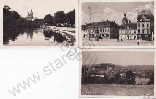  - Šluknov, Děčín, 3 ks, celkový pohled, náměstí, kostel, rybník