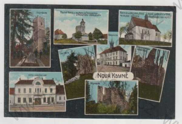  - Nová Kdyně (Domažlice), Ryzmberk, Hotel, kostel, Netřeb, Hrštýn, hrad, zřícenina, kolorovaná, koláž