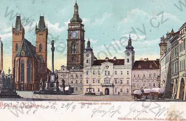  - Hradec Králové, DA, zadní část náměstí, kolorovaná, kostel, sloup
