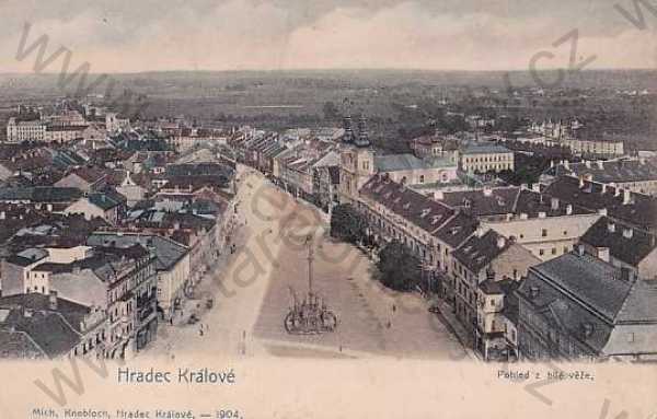  - Hradec Králové, kolorovaná, DA, pohled z výšky, náměstí, kostel, sloup, z Bílé věže