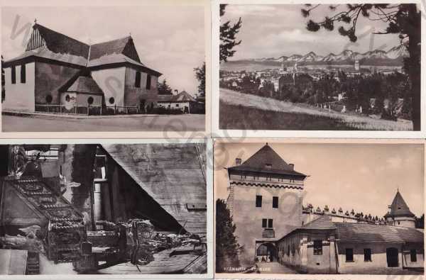 - 4x pohlednice: Kežmarok - Slovensko, celkový pohled, hrad, kostel, kazatelna