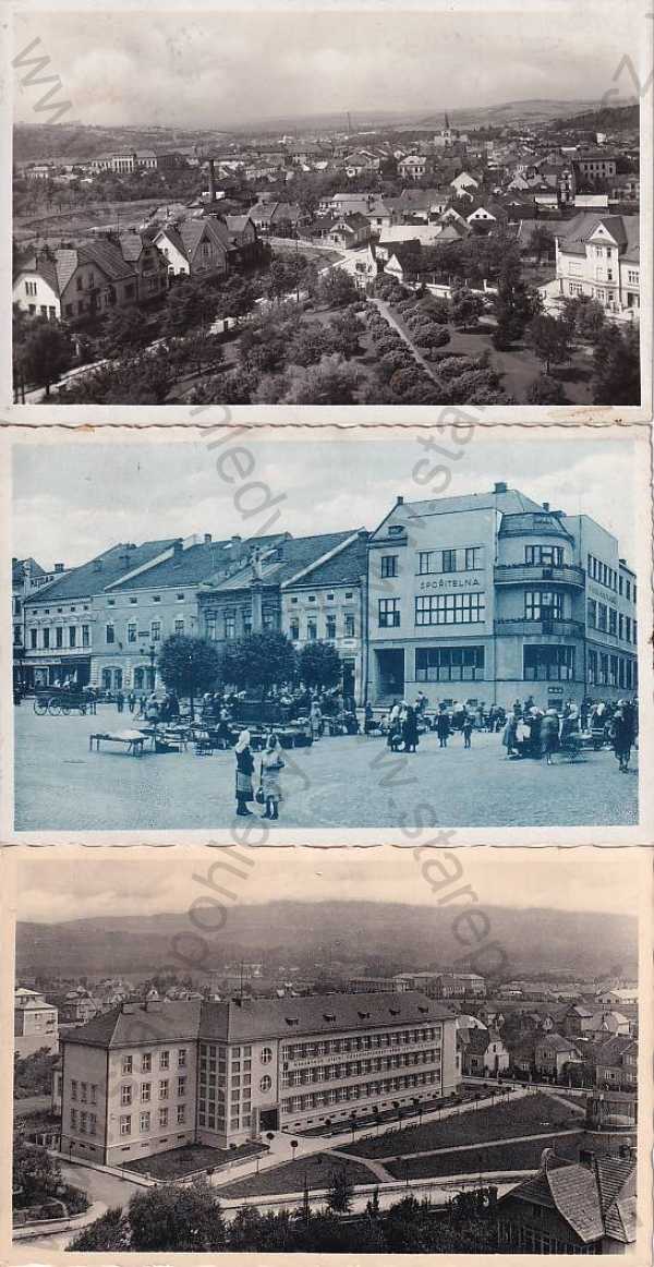  - 3x pohlednice: Valašské Meziříčí (Vsetín), celkový pohled, spořitelna, učitelský ústav