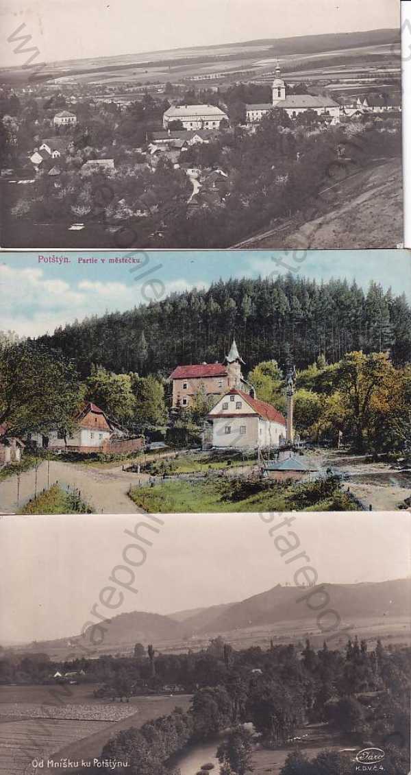  - 3x pohlednice: Potštejn (Rychnov nad Kněžnou), celkový pohled