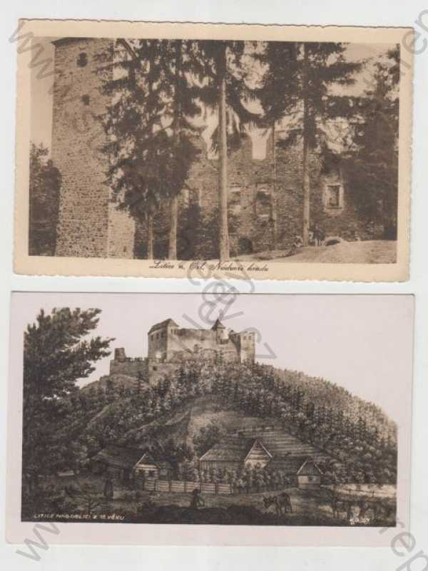  - 2x Litice nad Orlicí (Ústí nad Orlicí), hrad, nádvoří, historická - 18. století, litografie