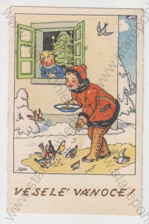  - Marie Fischerová - Kvěchová, Vánoce, dítě, pták, Vánoční strom, sníh, zimní, kolorovaná