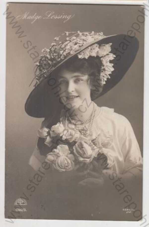  - Zahraniční herci, Madge Lessing, šaty, klobouk, květina, móda