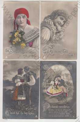  - 4x Kroj, Čechy, žena, květina, text, muž, kolorovaná