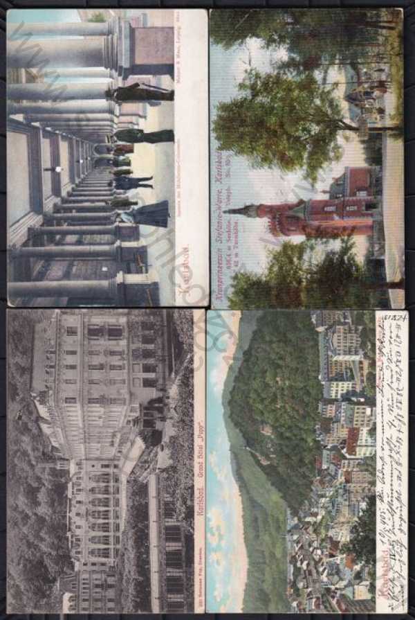  - 4x Karlovy Vary (karlsbad), kolorovaná, rozhledna, kolonáda, kolorovaná, DA, celkový pohled, hotel