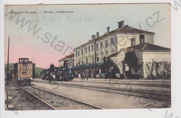  - Jugoslávie - Slovinsko - Divača - nádraží, vlak, kolorovaná