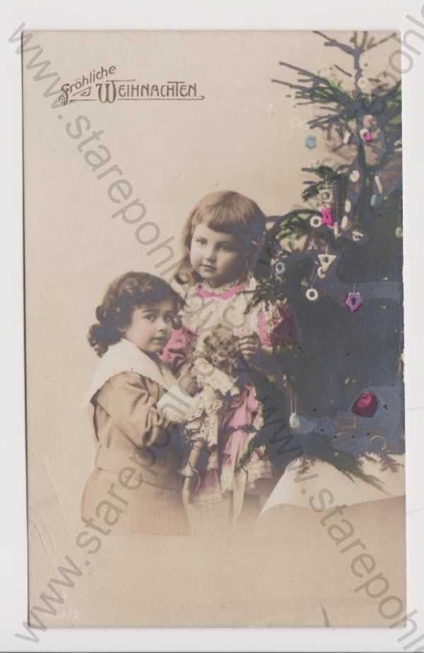  - Vánoce - děti, panenka, vánoční stromek, kolorovaná