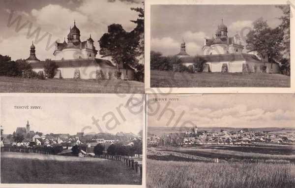  - 4x pohlednice: Trhové Sviny (České Budějovice), celkový pohled, poutní místo kostel sv. Trojice
