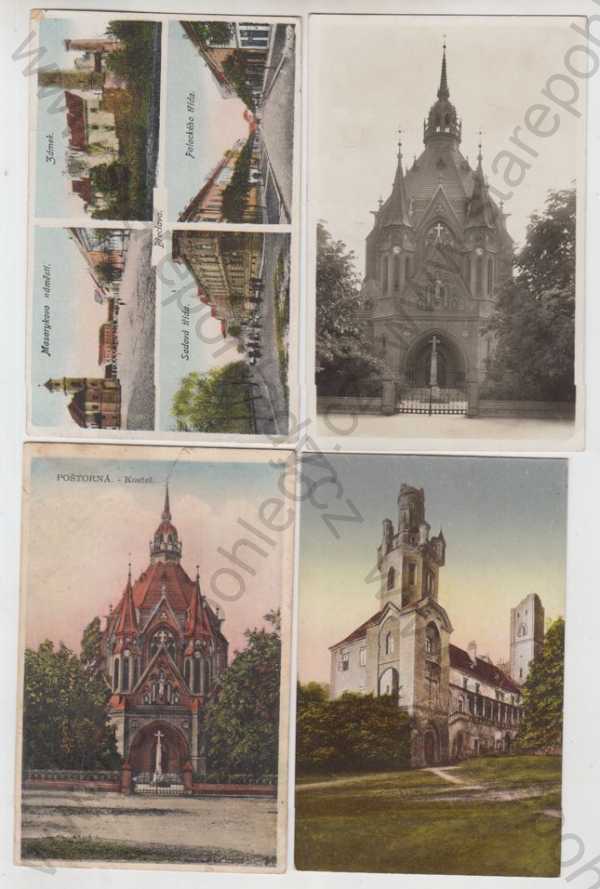  - 4x Břeclav (Břeclava, Lundenburg), Masarykovo náměstí, zámek, Sadová třída, Palackého třída, pohled ulicí, Poštorná, kostel, kolorovaná