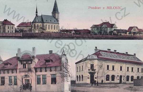  - Milovice (Nymburk), celkový pohled, hotel, restaurace, kolorovaná