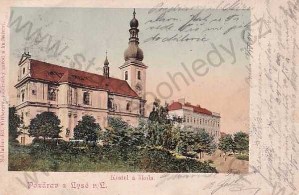  - Lysá nad Labem (Nymburk) kostel, škola, kolorovaná, DA