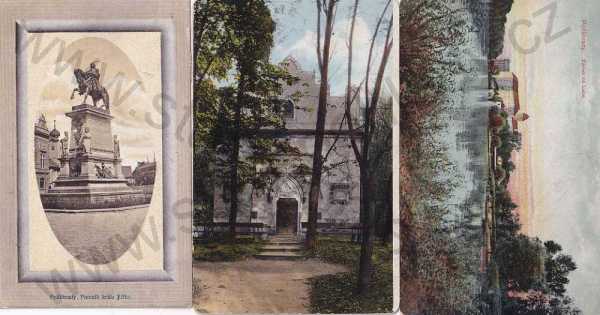  - 3x pohlednice: Poděbrady (Nymburk) zámek, pomník, kostel