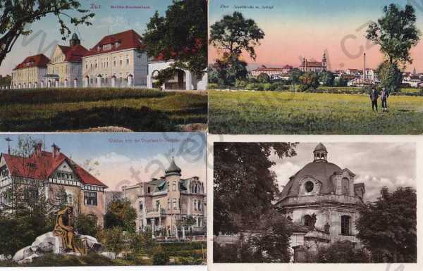  - 4x pohlednice: Duchcov - Dux (Teplice - Teplitz), zámek, celkový pohled, nemocnice, kolorovaná