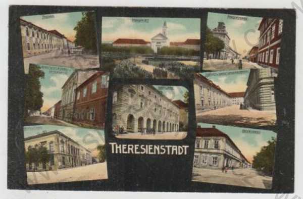  - Terezín (Theresienstadt) - Litoměřice, více záběrů, pohled ulicí, kostel, kolorovaná, koláž