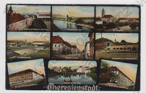  - Terezín (Theresienstadt) - Litoměřice, více záběrů, pohled ulicí, řeka, loď, kasárny, hradby, opevnění, kolorovaná