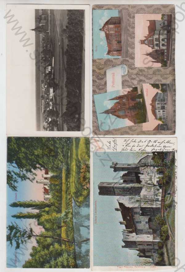  - 4x Břeclav (Břeclava, Lundenburg), Poštorná, celkový pohled, kostel, škola, záložna, zámek, kolorovaná
