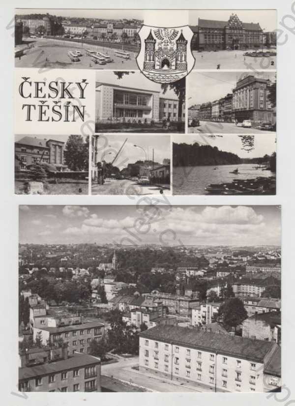  - 2x Český Těšín (Karviná), více záběrů, náměstí, autobus, pohled ulicí, sutomobil, řeka, loď, erb, částečný záběr města