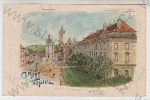  - Teplice (Teplitz), pohled ulicí, kostel, kolorovaná, DA