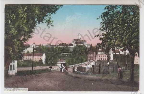  - Měchov (Mies) - Karlovy Vary, celkový pohled, kůň, kočár, kolorovaná