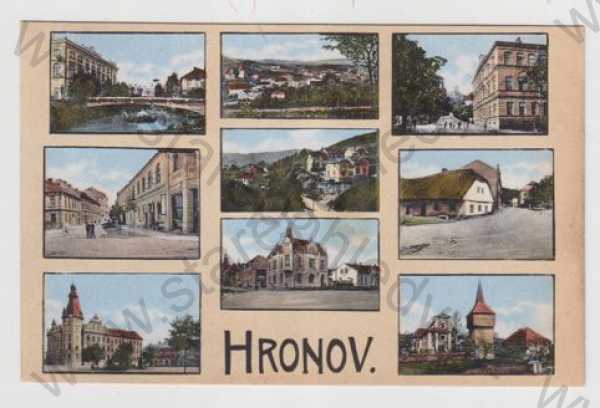  - Hronov (Náchod), více záběrů, kašna, celkový pohled, pohled ulicí, kostel, kolorovaná